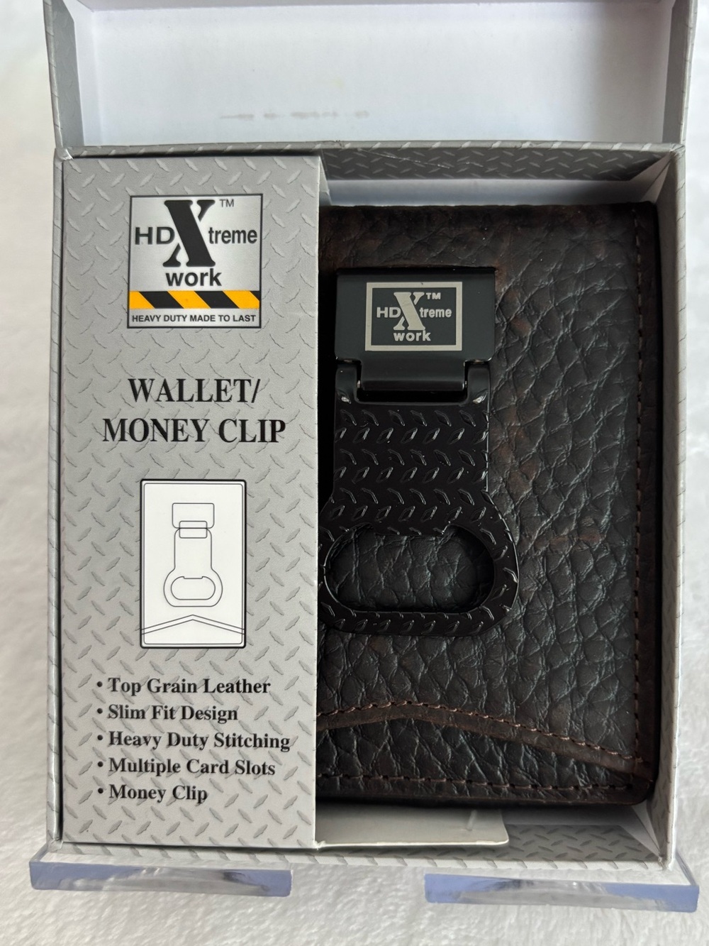HD XTREME WORK Men's Top Grain Leather Bi-Fold Wallet and Money Clip--NWT